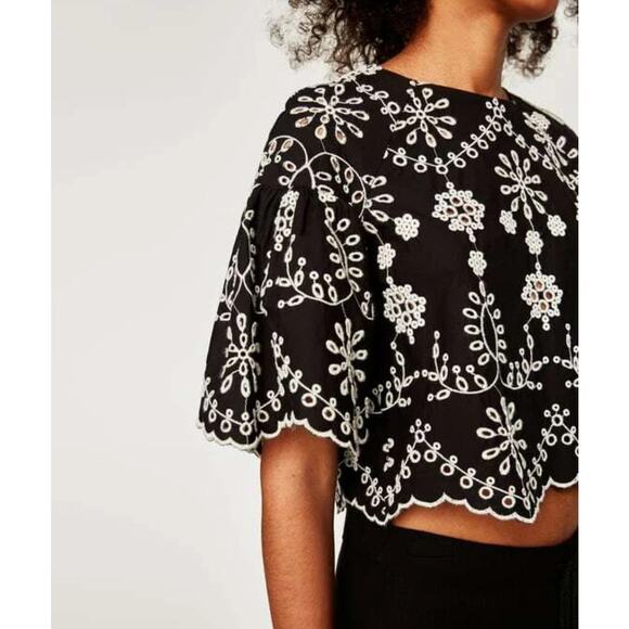 Zara Trafaluc Collection Blouse Top Embroidered Eyelet Floral Crop Black L Boho - Picture 5 of 16